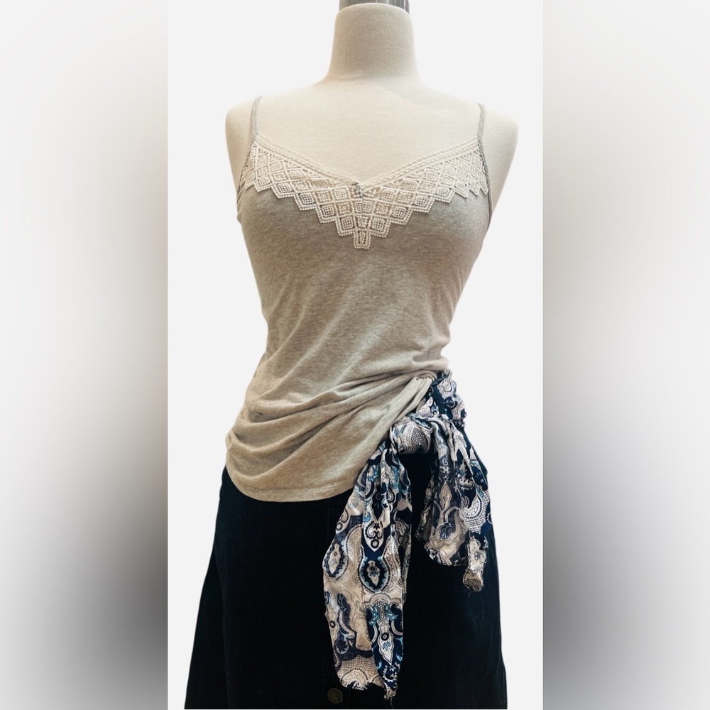 Ann Taylor loft Lace Trim Gray Tank Top